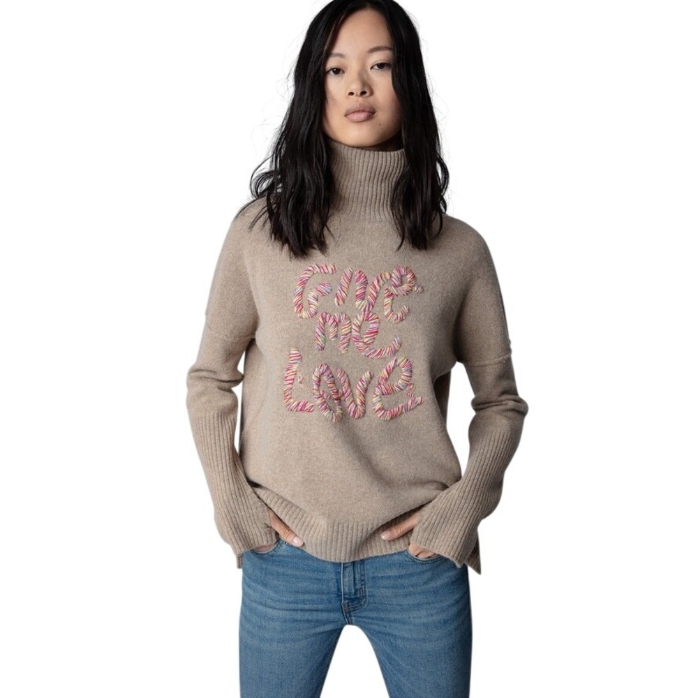 Zadig & Voltaire Alma Give Me Love Wool Sweater‎ Beige Grey Large L Cozy - Picture 2 of 13